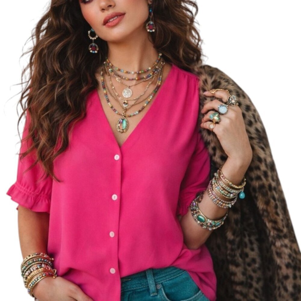 J. Crew Pink Ruffle Short Sleeve Button Front Blouse